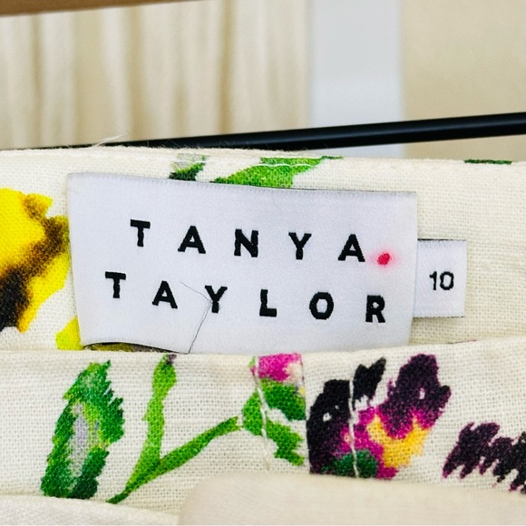 Tanya Taylor Floral Midi Skirt Size 10 Linen Blend Front Slit Belted Cream Ivory - Picture 5 of 8